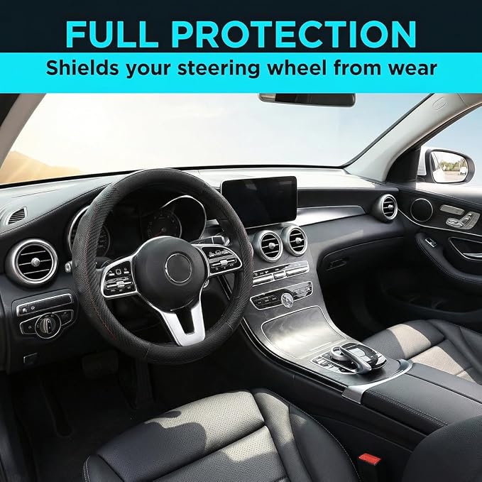Car Steering Wheel Cover, Breathable Carbon Fiber Vehicle Steering Wheel Protector with Anti-Slip Lining, Automotive Interior Accessories, Universal for SUV RV Truck (Black)