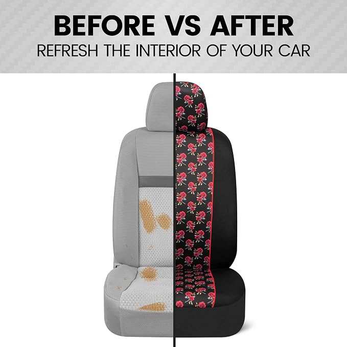 BDK Red Rose Car Seat Covers for Front Seats, 2 Pack – Flower Pattern Front Seat Cover Set with Matching Headrest, Sideless Design for Easy Installation, Fits Most Car Truck Van and SUV