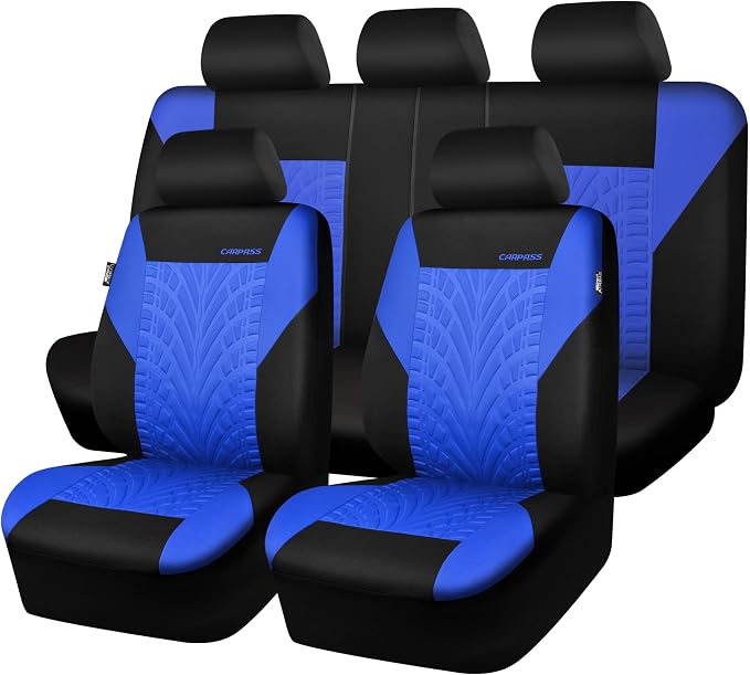 CAR PASS Car Seat Covers Full Sets, Front & Split Rear Bench for Car, 3D Tyre Embossed Automotive Interior Covers, Airbag Compatible, Quick Setup Universal Fit Seat Covers for Car, SUV(Black Blue)