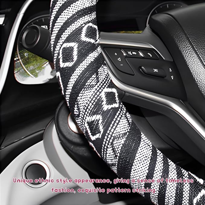 Boho Steering Wheel Cover, Anti-Slip Coarse Flax Cloth Ethnic Style Auto Wheel Cover, Breathable Boho Auto Steering Wheel Protector for Women Men, Car Accessories (Style E)