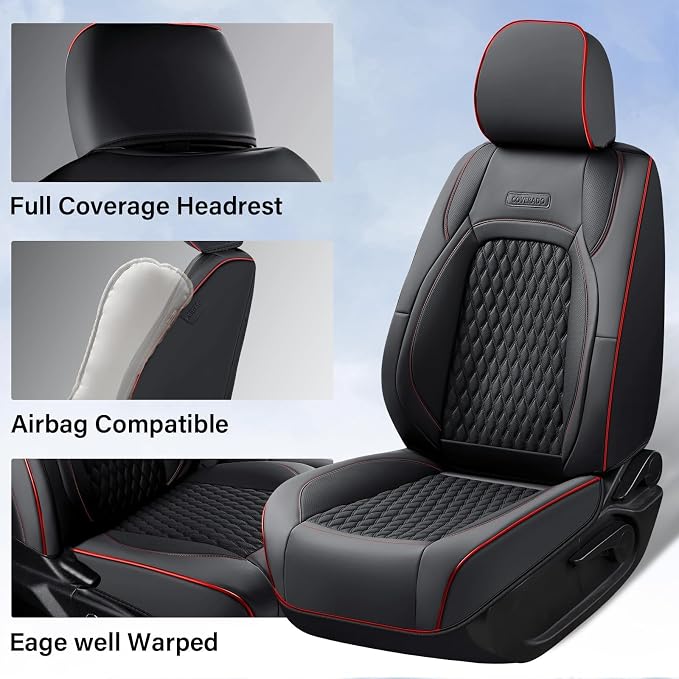 Coverado Chevy Chevrolet Silverado GMC Sierra Seat Covers, Custom Fit for 2007-2026 1500, 2015-2026 2500HD 3500HD Crew Double Extended Cab Truck, Faux Waterproof Leather Seat Covers (Front, Redline)