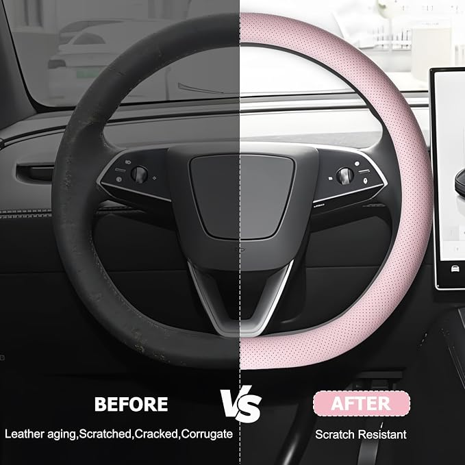 Microfiber Leather Universal 14.5-15 inch Steering Wheel Cover,Easy to Install Non-Slip Breathable Steering Wheel Protector Light Pink
