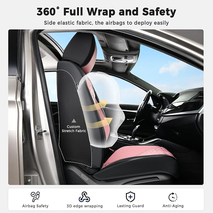 Huidasource Front Seat Covers Universal Fit for Most Cars SUV Trucks, Automotive Leather Seat Cushion Covers Protector with Lumbar Support, Waterproof Seat Cover Front Seat, Black & Pink