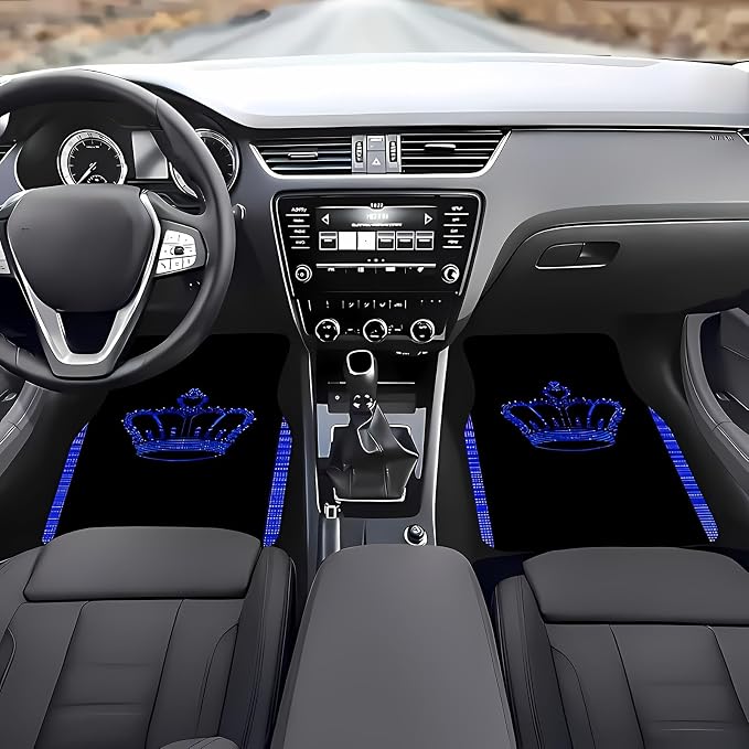 Universal Fit Car Floor Mats Set of 4Pcs, Blue Crown Pattern All-Weather Front Rear Car Carpet Mats, Non-Slip Car Floor Mat Car Accessories for Automotive Trucks SUV Sedans Vans