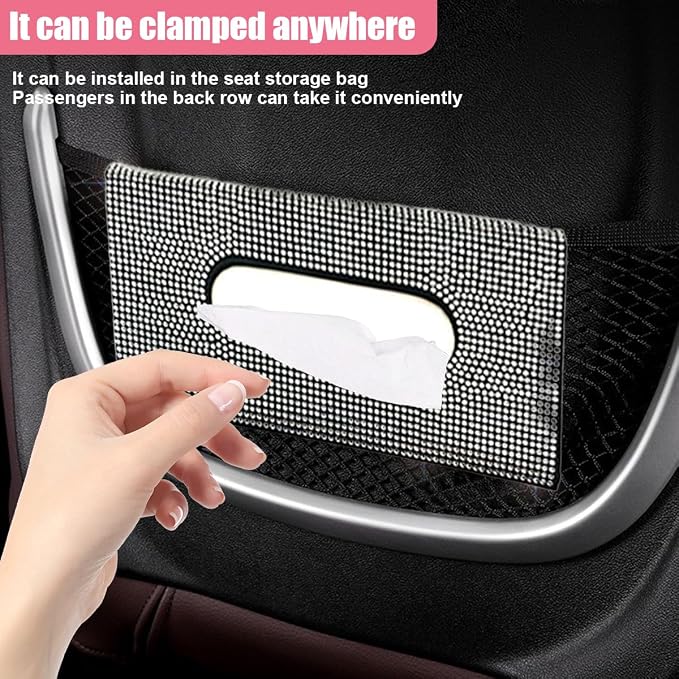 Bling Car Sun Visor Tissue Box Holder, PU Leather Auto Paper Towel Cover, Glitter Crystal Rhinestone Napkin Holder, Car Decoration Accessories for Women (Black/White)