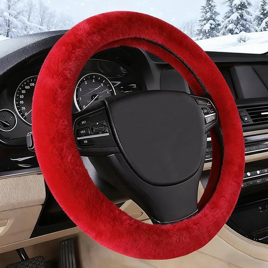 Furry Warm Steering Wheel Cover, Universal 14.5-15 Inch Winter Plush Warm Steering Wheel Cover, Soft Fluffy, Anti-Slip Design, Soft Texture (Red)