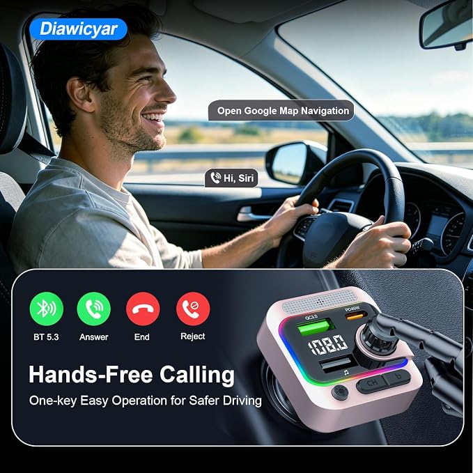63W FM Transmitter Bluetooth Car Adapter, Wireless FM Bluetooth Transmitter | [PD 45W & QC3.0] Fast Charge, Deep Bass Player, Hands-Free Calling, Pink
