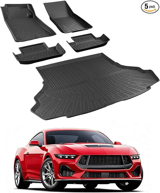 Car Floor Mats for Ford Mustang 2015-2025 2026 5PCS Full Set Not for Mach-E | All Weather Full Coverage Floor Liners Heavy Duty Waterproof Long-Lasting Mustang Accessories TPE Rubber Carpet
