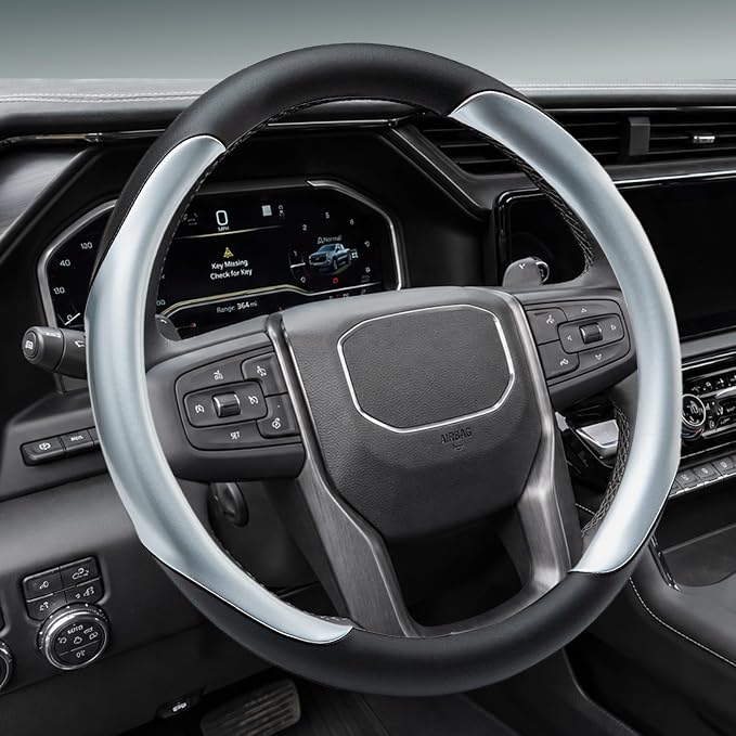 Yangday Leather Steering Wheel Cover for GMC Sierra 1500 2500 3500, 14.5-15 inches Car Steering Wheel Cover with Anti-Slip Massage Particle (Bright Silver)