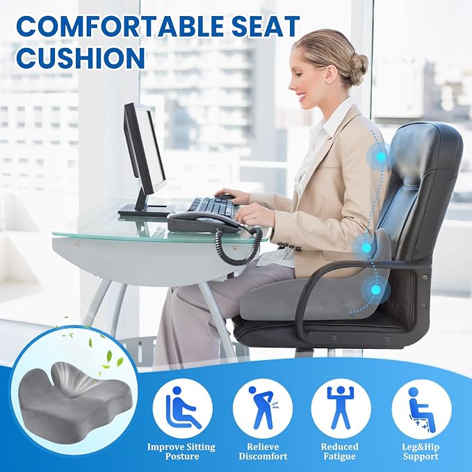 CushZone Seat Cushion, Memory Foam Office Chair Seat Cushion for Office Chairs/Car/Long Trip/Desk Chair/Gaming, Large Size for Sciatica & Hip & Tailbone Pain Relief, Sciatica Support (Light Gray)