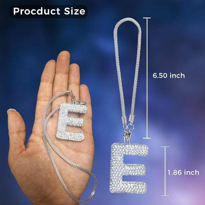 Bling Car Accessories for Women Letter Charm, Rear View Mirror Ornament Cute Hanging Crystal Pendant Girl Car Decorations, Lucky Diamond Rhinestone Girly Charm Interior (White E)