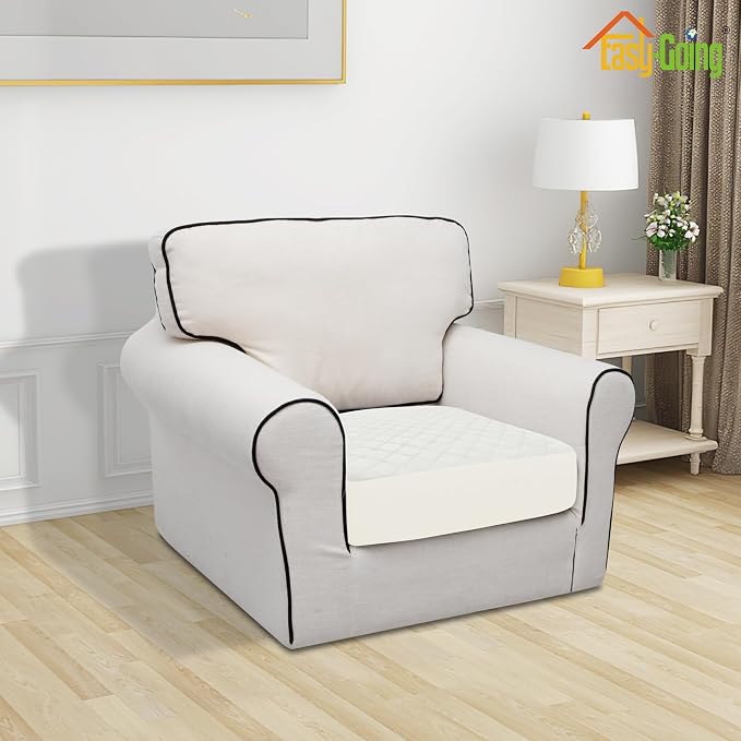 Easy-Going Waterproof Chair Cushion Cover, Non-Slip Leakproof Sofa Seat Cushion Slipcovers, Quilted and Stretch Furniture Protector for Dogs, Pets (1-Piece Chair Cushion, Ivory)