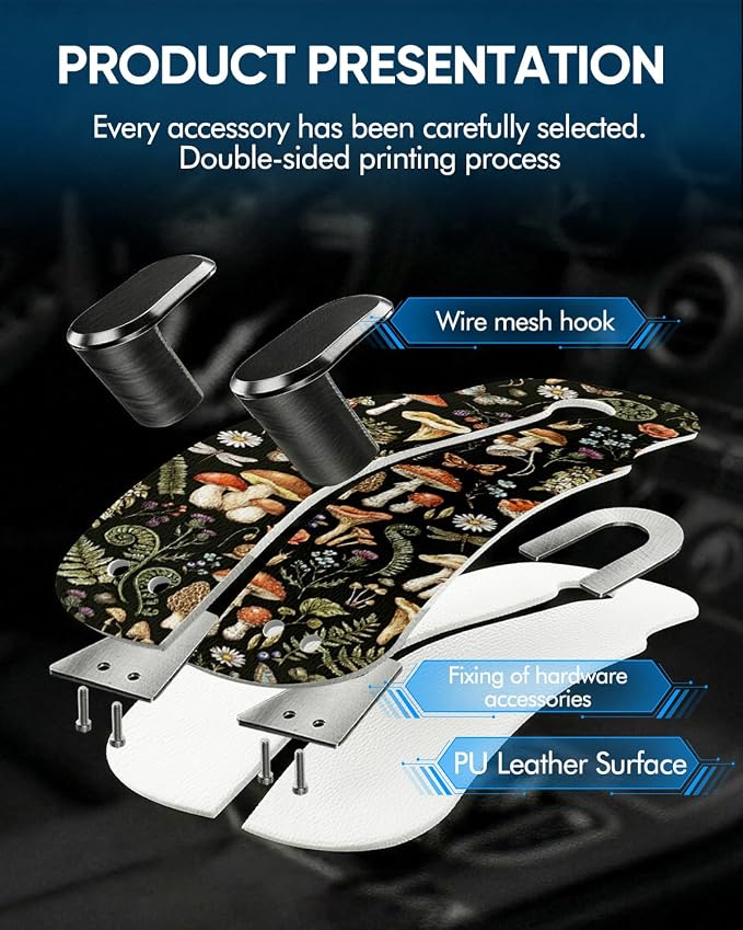 WOCOCN Purse Holder for Car, 2 Pack Heavy Duty Purse Hanger for Car, PU Leather Car Seat Hooks for Purses and Bags, Cute Mushrooms Headrest Organizer for Handbags & Backpacks