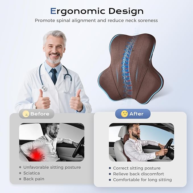 Coverado Car Lumbar Support Pillow and Car Neck Pillow Kit, Ergonomic Design Car Headrest Pillow for Driving, Relax Back Head Muscles Relieve Driving Fatigue, Breathable & Removable Cover