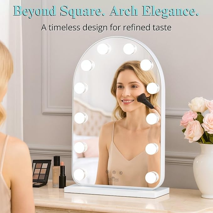 LUXFURNI Vanity Mirror with Lights, 20.5" Arched Hollywood Makeup Mirror | 12 LED Lights, 3 Color Modes, Touch Memory Control, Arched Frame No‑Bend Full‑Face View, HD Anti‑Glare Rust‑Resistant Glass