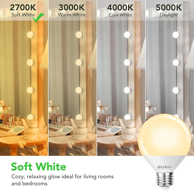 BUBO Vanity Light Bulbs for Bathroom Over Mirror, 60 Watt Equivalent, Soft White 2700K, G25 Globe Light Bulb 800 Lumens, Round Bulb with E26 Medium Base, 7W, Non-Dimmable, 12 Pack