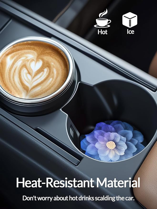 WOCOCN Cute Cup Holder Coasters for Your Car with Fingertip Grip, Auto Accessories for Women & Men,Pack of 2 (Blue Lotus Flower A)