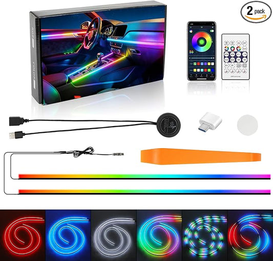 DREAMOTOR Interior Car LED Strip Lights, Acrylic LEDs Lights for Car with Dynamic Dreamcolor Chasing, Ambient Lighting Kits Music Sync Wireless APP and RF Remote Control (55.12inch*2)