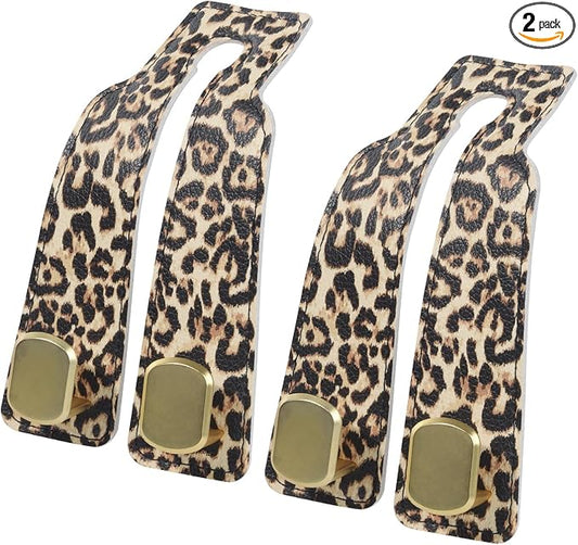 Car Seat Hooks for Headrest, Purse Hook & Back Storage Hook, Zinc Alloy & Leather Material Heavy Duty Car Hooks for Purses and Bags,Universal Fit for Most Vehicles (Leopard-2 Pack)