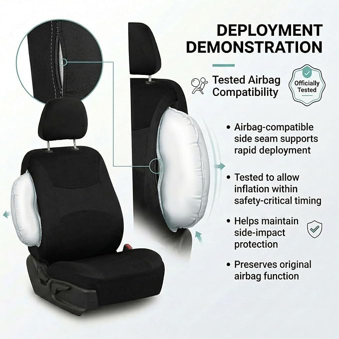 FH Group Universal Automotive Seat Covers 8 Seater Set | Light & Breezy Flat Cloth Washable Car Seat Cover for SUV, Sedan, Truck | Airbag Compatible Interior Upgrade - Black