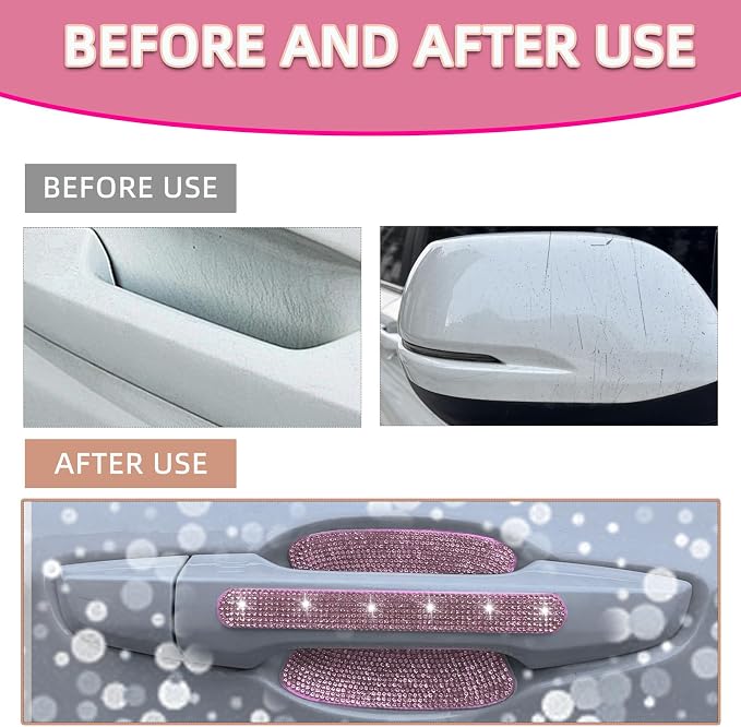 10 pcs Bling Diamond Car Door Handle Stickers, Bling Car Accessories for Women, Universal Rhinestone Crystal Glitter Door Handle Protector Stickers and Decals, Scratch Safety Reflective (Pink)
