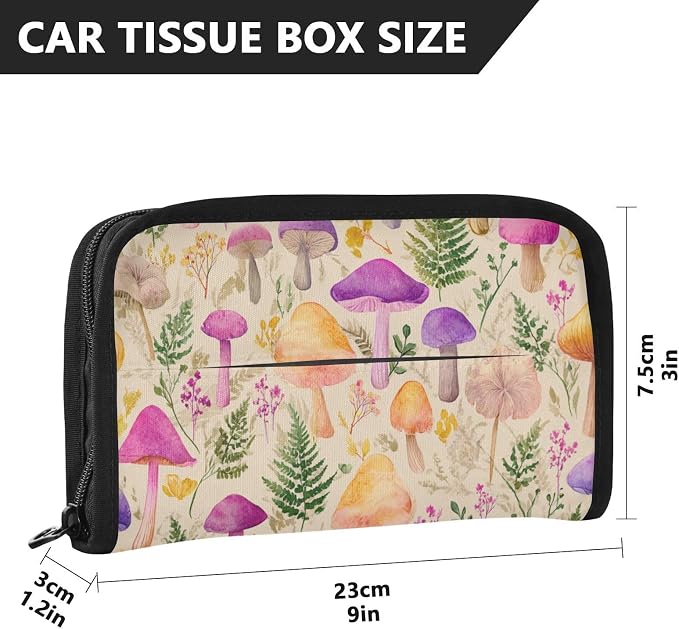 Car Tissue Holder Car Napkin Holder Car Tissue Box Dispenser Storage Case Sun Visor Mask Holder with Adjustable Straps Reusable Refillable Mushroom Colorful Pattern