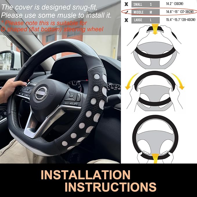 PINCTROT D Shaped Race Grip Steering Wheel Cover, Anti Slip Silicone Perforated Design with Soft Touch Padding, Enhanced Grip for Sporty Driving Flat Bottom 14.5-15 Inch (Racing White)