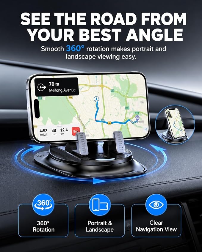 Car Phone Holder 360 Degree Rotation Navigation Mount Splendid Dashboard Windshield Accessories for Women Rotating Soporte De Telefono para Carro Grip Anti-Slip Grips(Mirror Edition)