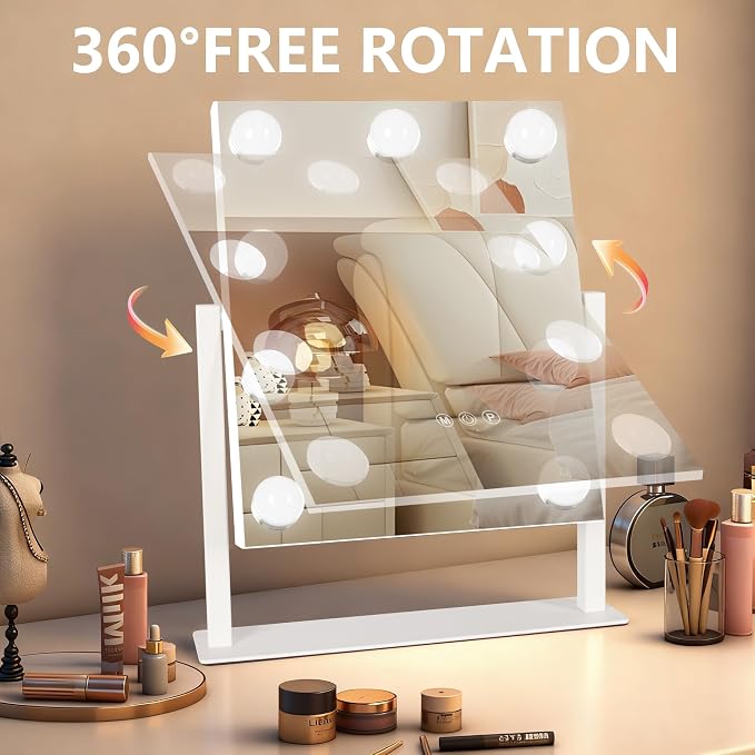 Ratsamee Hollywood Vanity Mirror with Lights, 12" x 14", 9 Dimmable Bulbs, 3 Color Lights, Make Up Lighted Mirror, 10x Magnification 360°Rotation White