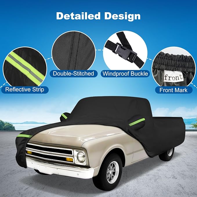 QUNSUNUS Car Cover for Chevrolet C10 C20 K10 K20 1960-1991 Standard Cab 6.5Ft Short Bed, Waterproof C10 Truck Cover with Zipper, Car Covers All Weather with Wind, Sun, UV and Dust Protection