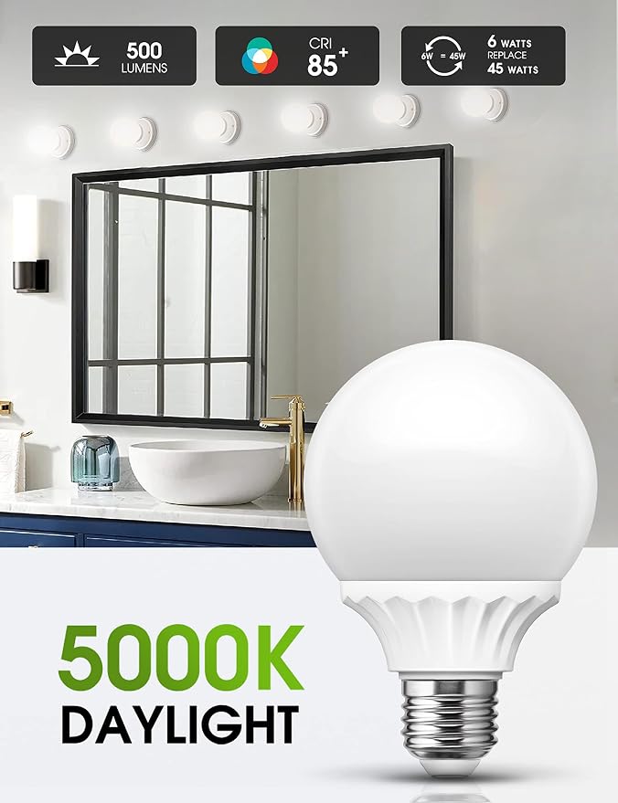 LOHAS G25 Globe Light Bulbs, LED Vanity Lights | 40-45W Equivalent, Bathroom Round Light Bulb, E26 Edison Base Lamp, Bathroom Makeup Mirror Home Lighting, Non-Dim, 6 Pack