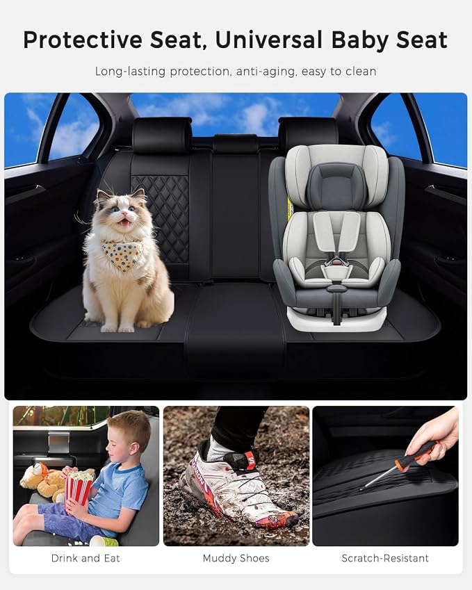 Huidasource Back Seat Cover, Nappa Leather Rear Seat Cover Velcro Adjustable, Compatible with Armrests, Seat Belts, Child Safety Seats, Fit for Most Cars SUVs Trucks (Back Row/Black)