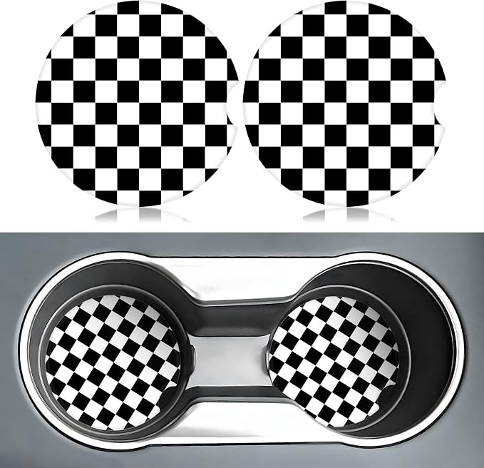 Black White Checkered Car Coasters for Cup Holders,2 Pack Car Cup Holder Coasters for Car,Ceramic Absorbent Car Coaster with A Finger Notch and Cork Base,Car Interior Accessories for Women Men