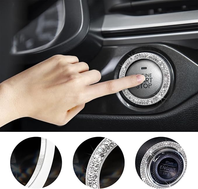 Kewucn Bling Crystal Double Rhinestone Car Engine Start Decoration Ring, Sparkling Push Start Button Sticker, Key Ignition & Knob Ring Decoration, Bling Car Interior Accessory(White)