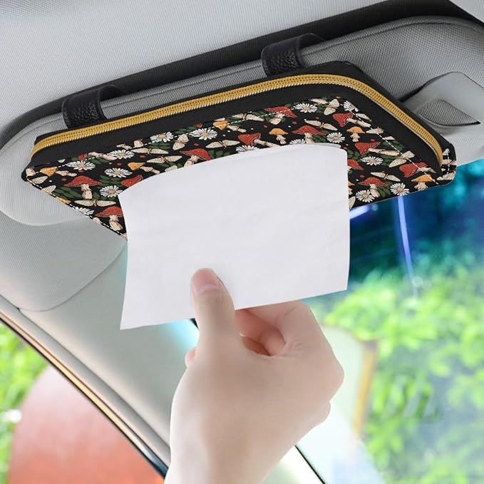 PU Leather Automotive Sun Visor Tissue Holder Mushroom Daisy Print Tissue Holder Tissue Box for Sun Visor & Back Seat Universal