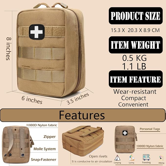First Aid Kit EMT Medical IFAK Pouch Molle Tactical Med Emergency Bag Tan | Molle Tactical Trauma Utility Emergency Kits for Camping Home Car Hiking Hunting