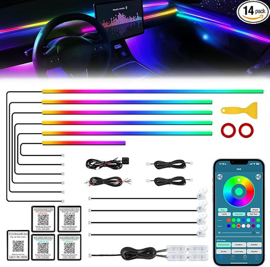 Dreamcolor Acrylic Interior Car LED Strip Light with Wireless APP, RGB 14 in 1 with 175 inches 612 LEDs Fiber Optic Strip Lights for Car, Dual Zone Symphony Neon Car Ambient Lighting