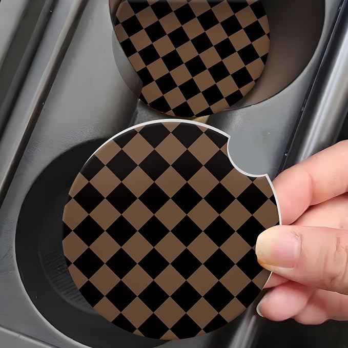 Khaki Checkered Car Coasters for Cup Holder Absorbent Ceramic Cup Coaster 2 Pack Anti Slip Car Interior Accessories with Finger Notch Cork Base for Women Men 2.56"