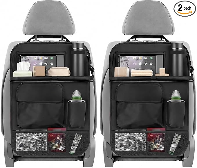 2PCS Car Backseat Organizer with Foldable Table Tray, 5 Storage Pockets Auto Seat Back Protector w/Tablet Holder, Back Seat Cover Storage Organizer Kick Mats for Most Cars