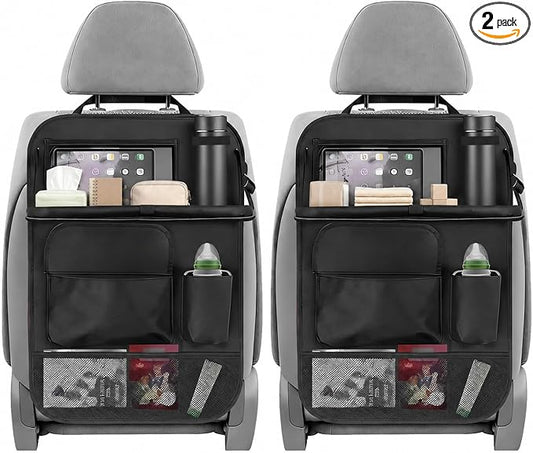2PCS Car Backseat Organizer with Foldable Table Tray, 5 Storage Pockets Auto Seat Back Protector w/Tablet Holder, Back Seat Cover Storage Organizer Kick Mats for Most Cars