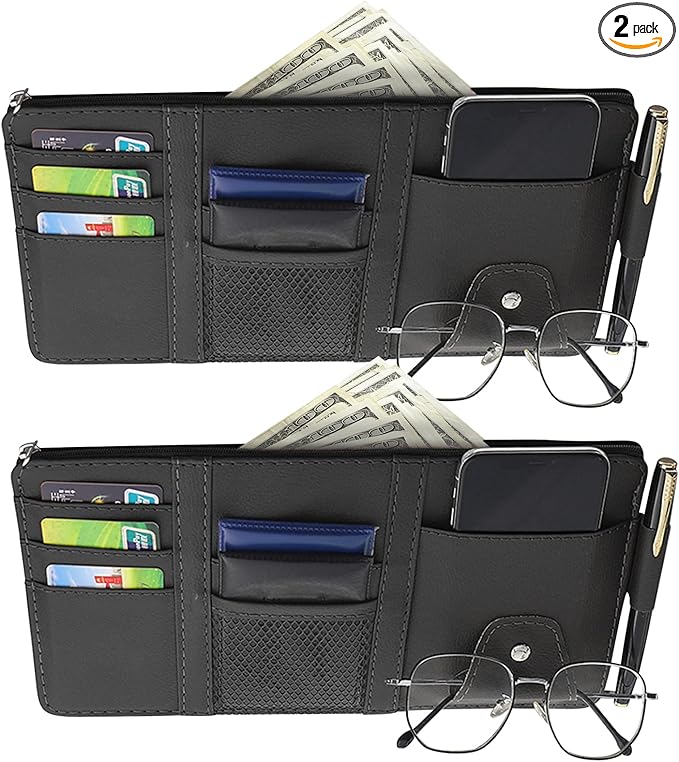 2 Packs Car Sun Visor Multi-Pocket Organizer for SUV & Truck, Auto Visor Storage Pouch with Big Zipper Pocket, Card Sleeve, Driving License, Insurance, Sunglasses, Pen, Key, Lipstick
