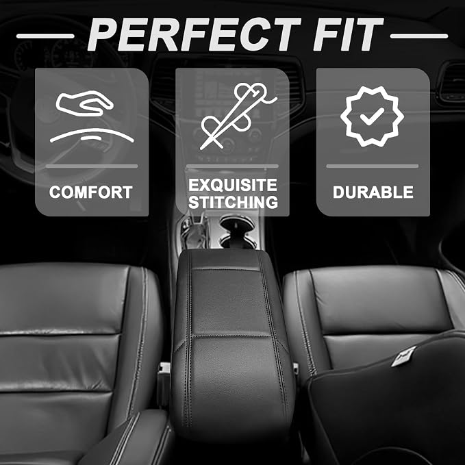 Muslogy Center Console Armrest Cover Fit for Jeep Grand Cherokee 2011-2021 & Dodge Durango 2011+ Accessories, Comfort Armrest Pad Console Lid Cushion Vegan Leather Regular Thick