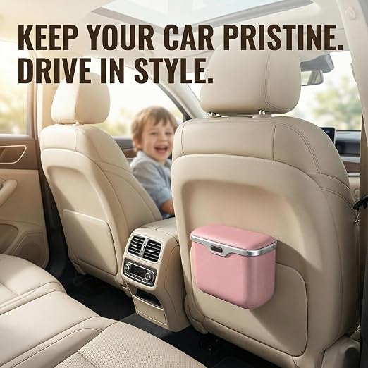 Hanging Car Trash Can, Leakproof Garbage Bin with Lid, Pink | ABS Construction, Clip-On Door/Back Seat Pocket Mount, Waterproof Liner, Push-Top Opening, For Suvs, Trucks, Sedans, Vans