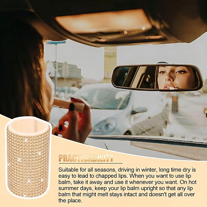 Upright Car Chapstick Holder, Bling Insulating Lip Balm Holder,Rhinestone Car Accessories for Women Interior ,Suitable for Most Vehicles. (Champagne Gold)