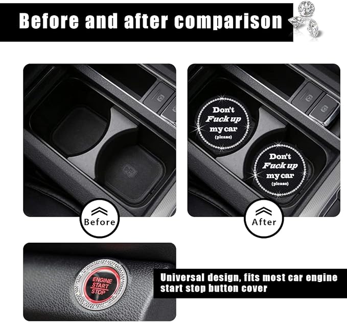 Ziciner 2 Pack Bling Car Cup Holder Coasters with Start Stop Button Cover, 2.75 inch Crystal Rhinestone Soft Rubber Auto Cup Insert Pad, Non-Slip Universal Vehicle Interior Accessories (Black)