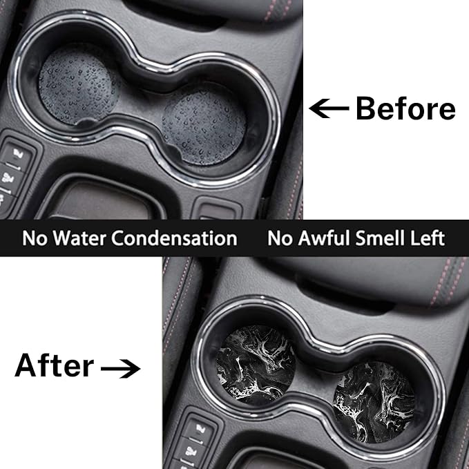Britimes Absorbent Car Coasters 2 Pack for Cup Holders, 2.56" Ceramic Stone & Non-Scratch Cork Base Drink Coasters Cupholder Black Marble