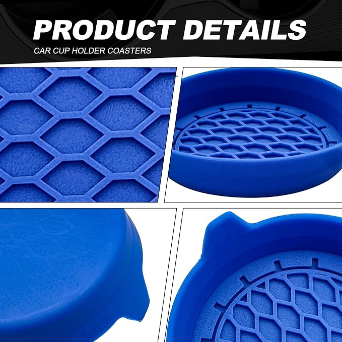 4-Pack Universal Cup Holder Coasters, Black Silicone Inserts - Keep Your Car Clean with Non-Slip & Spill-Proof Coasters for All Vehicles (Blue)