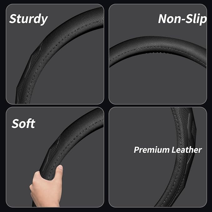 Steering Wheel Cover with Anti-Slip Leather Grip Compatible with Ford, Toyota, Honda, Nissan, and Chevrolet Vehicles for 14.5-15.35 inch Round Steering Wheels Universal Car Accessories