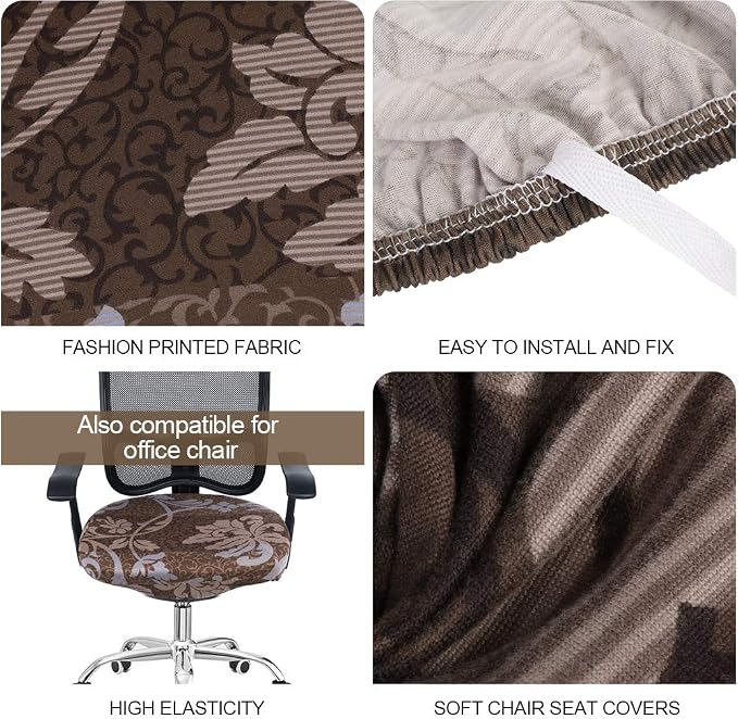 SearchI Seat Covers for Dining Room Chairs Stretch Printed Chair Seat Covers Set of 6, Removable Washable Upholstered Chair Seat Protector Cushion Slipcovers for Kitchen, Office(Brown+Flower)