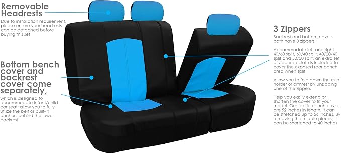 FH Group Highest Grade Faux Leather Split Bench Seat Cover, Rear Set – Universal Fit for Cars Trucks & SUVs (Blue/Black) PU008013